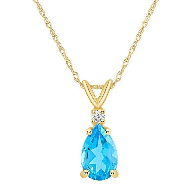 Celebration Gems 14k Gold Pear Shaped Blue Topaz & Diamond Accent Pendant Necklace, Womens Product Image