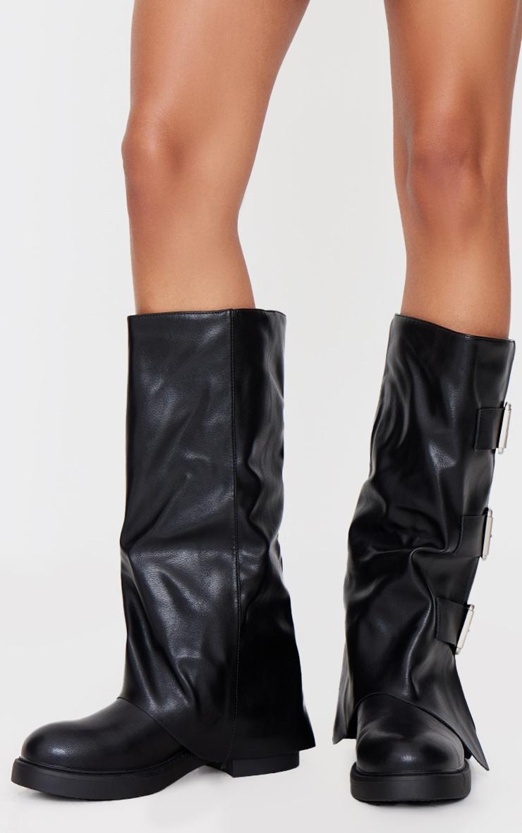 Black Pu Round Toe Triple Buckle Fold Over Knee Boots Product Image