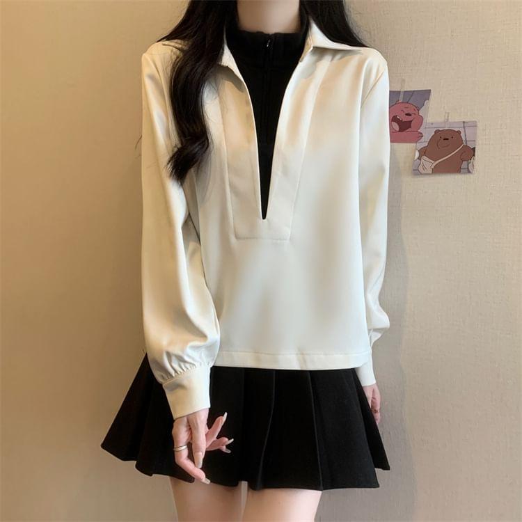 Mock Two-Piece Long-Sleeve Two Tone Overhead Blouse Product Image