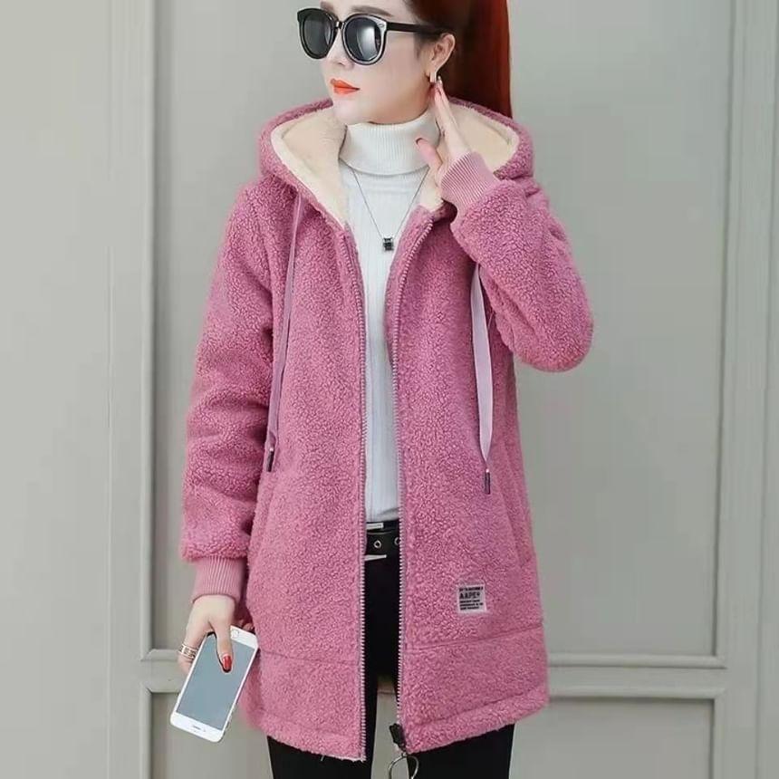 Plain Hooded Faux Shearling Long Zip Jacket Product Image