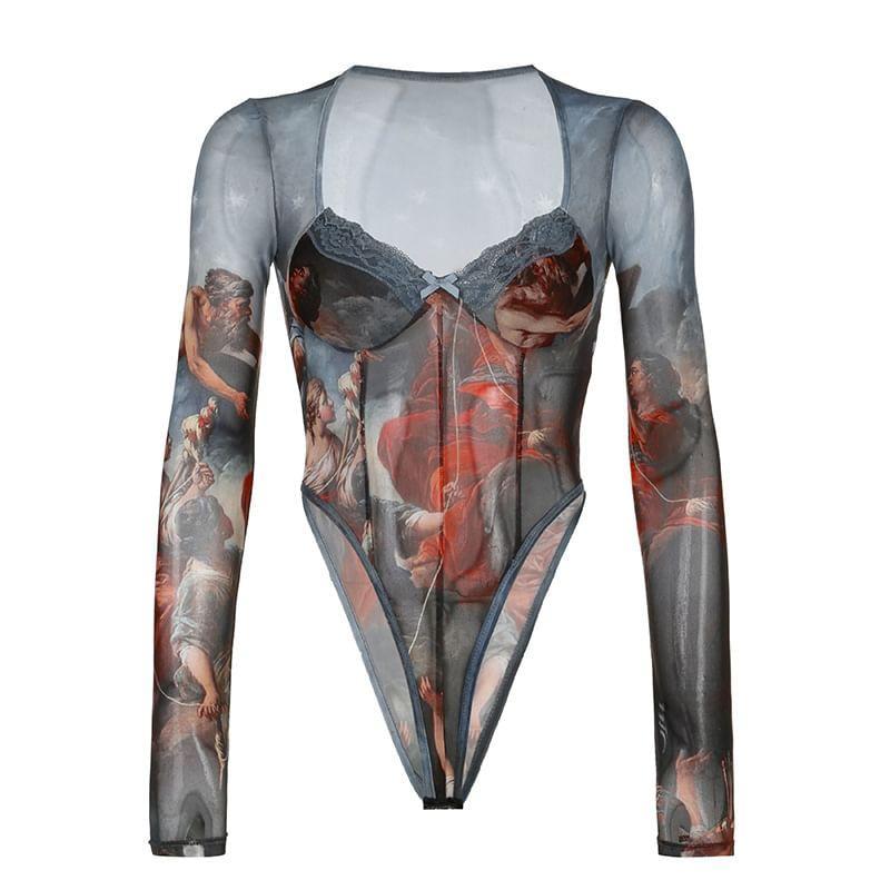 Long Sleeve Square-Neck Lace-Trim Bow Accent Graphic Print Bodysuit Top  Product Image