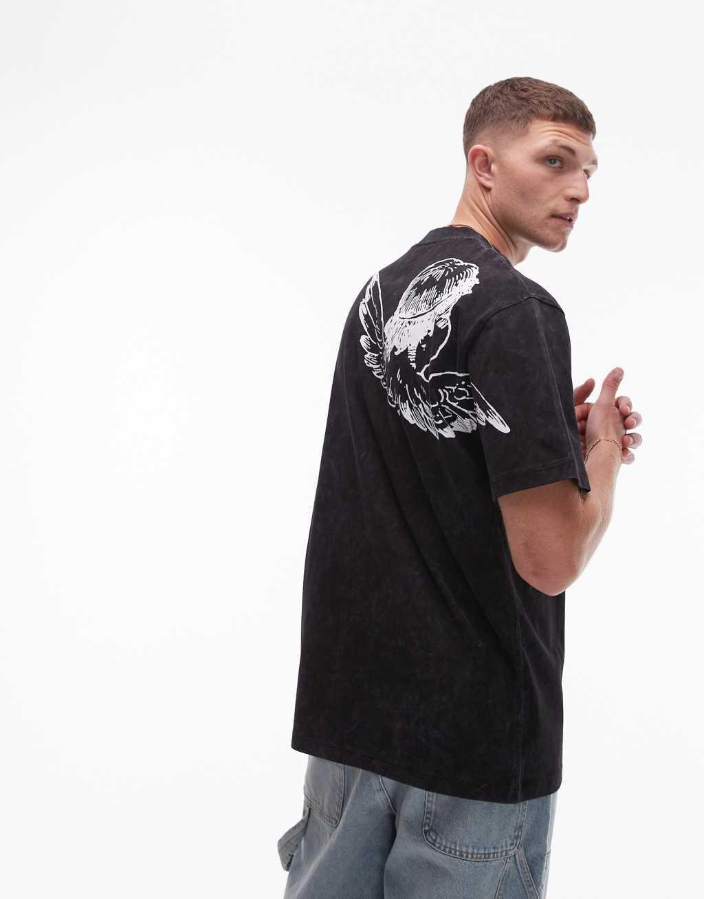 Topman extreme oversized fit t-shirt with angel front and back print in washed black Product Image