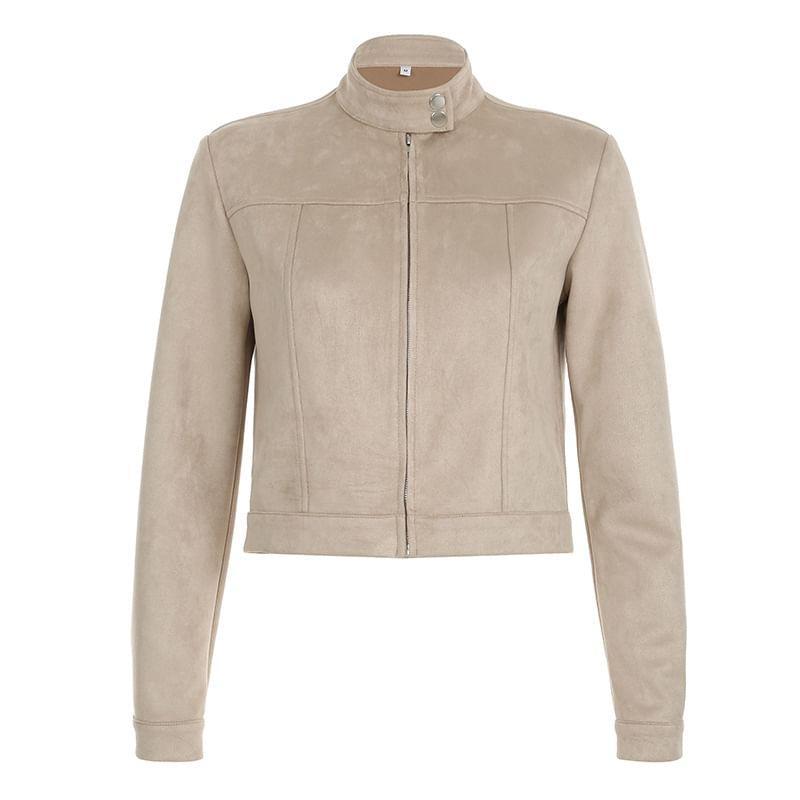 Long Sleeve Stand Collar Plain Suede Zip-Up Jacket product image