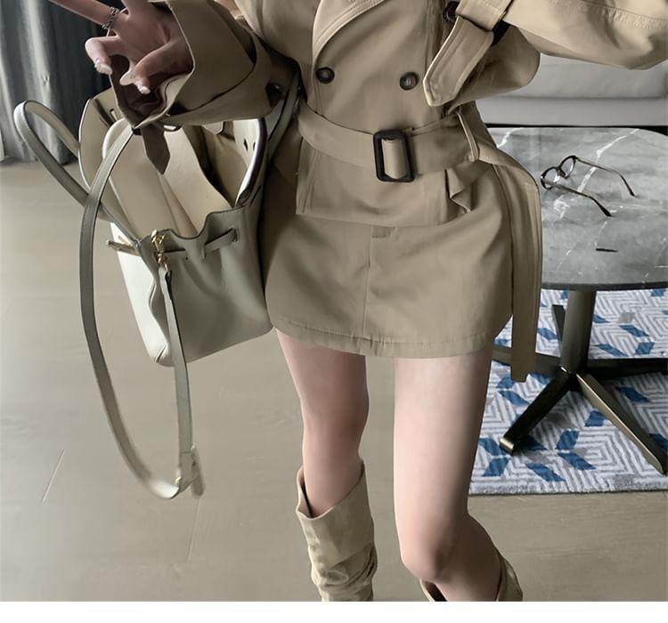 Collared Plain Double Breasted Belted Trench Jacket / High Waist Mini A-Line Skort Product Image