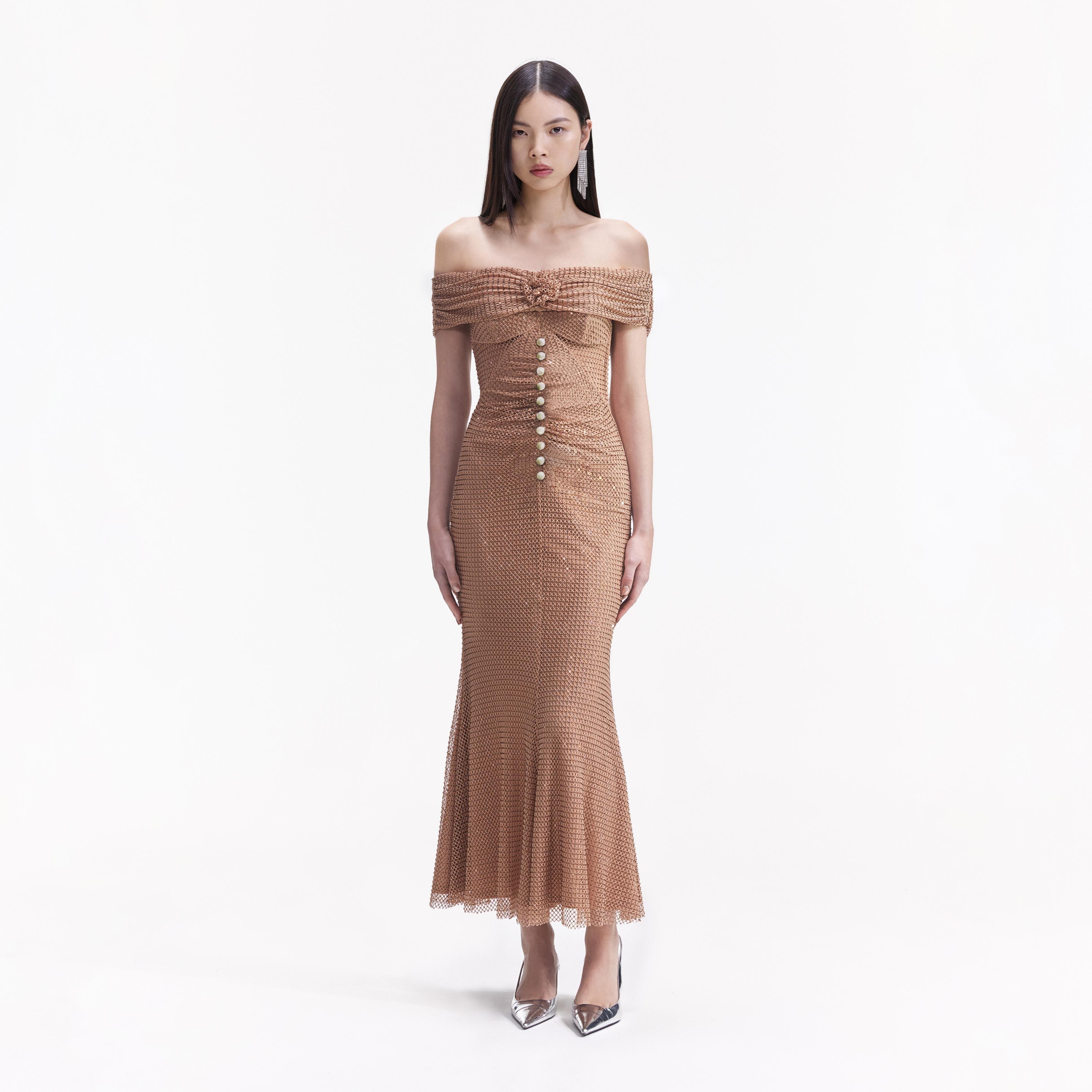 Tan Rhinestone Midi Dress Product Image