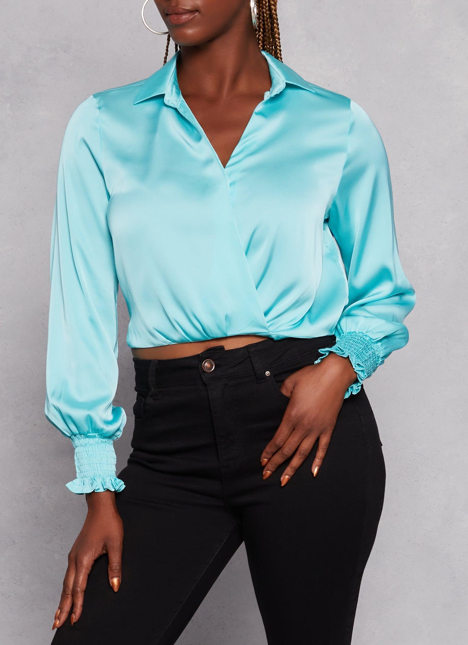 Womens Satin Puff Sleeve Faux Wrap Shirt Product Image