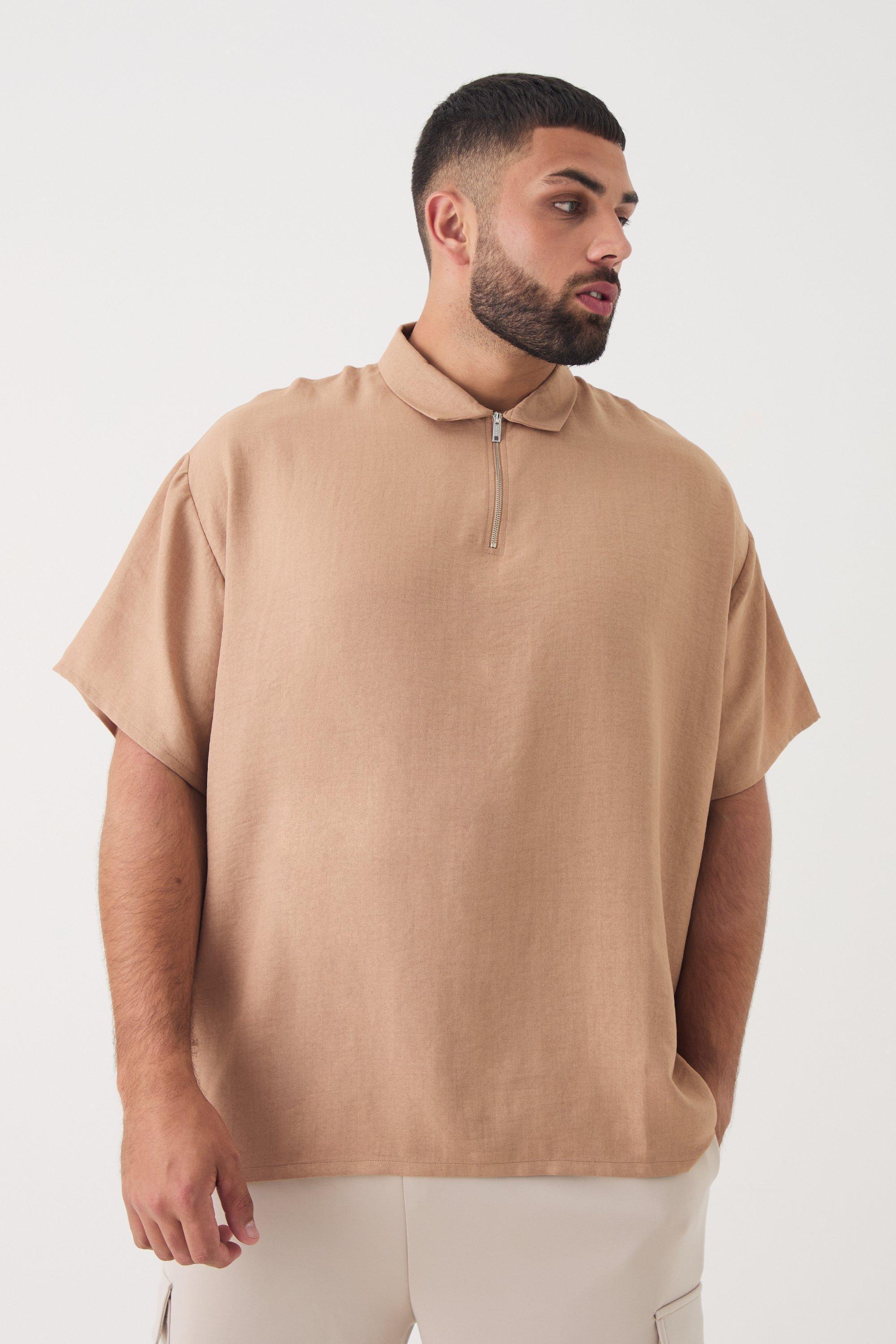 Mens Beige Plus Zip Up Linen Polo In Taupe, Beige Product Image