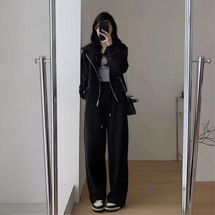 Set: Hooded Plain Zip Jacket + Drawstring Waist Plain Wide Leg Pants Product Image