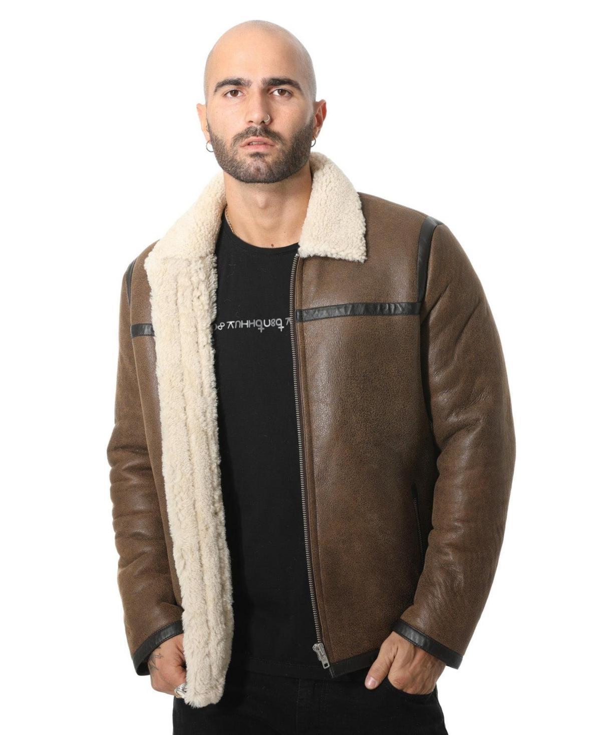 Furniq Uk Mens Leather Banded Sheepskin Casual Jacket, Vintage Camel with Beige Curly Wool Product Image