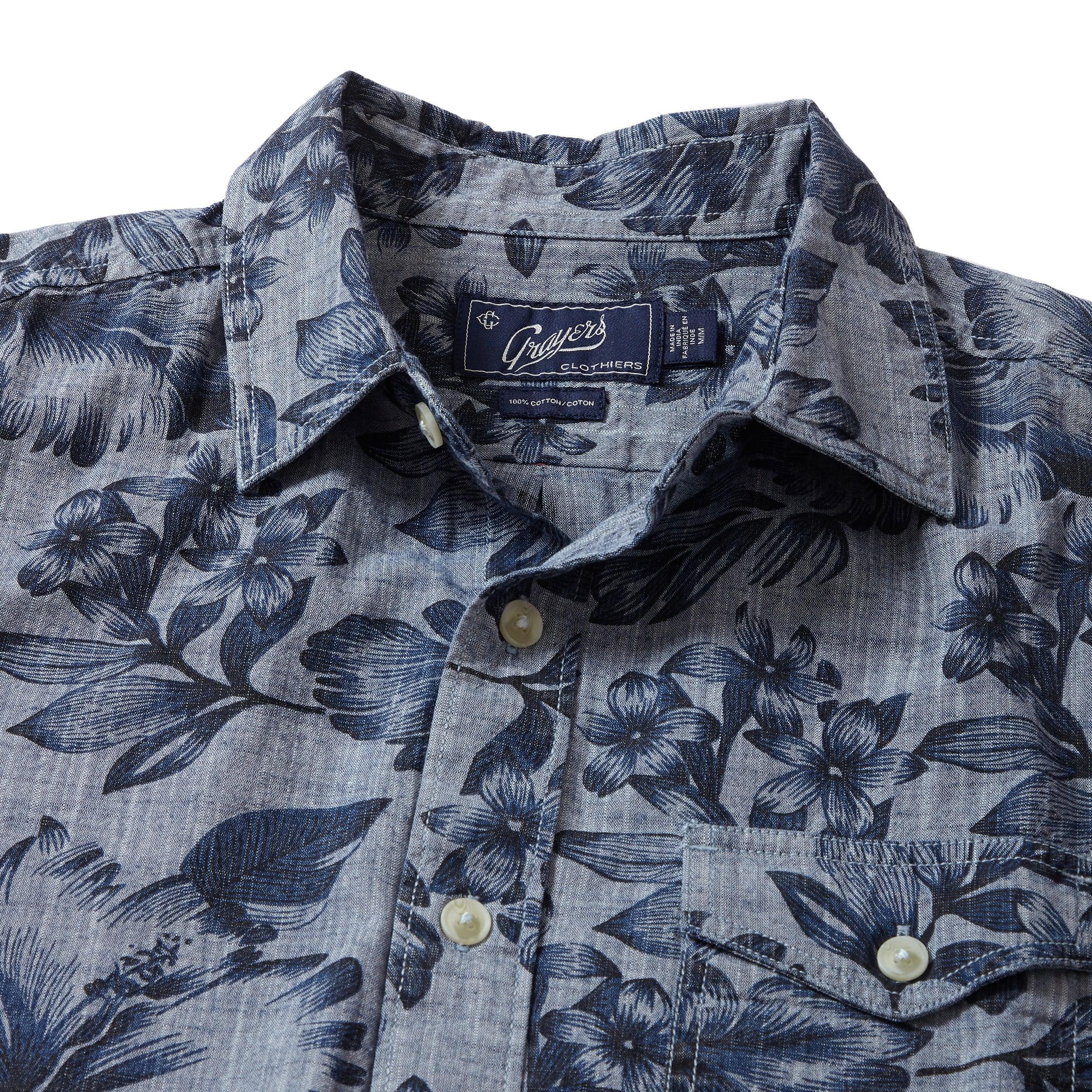 Blue Chambray Printed Floral Shirt - Dark Blue Floral Product Image