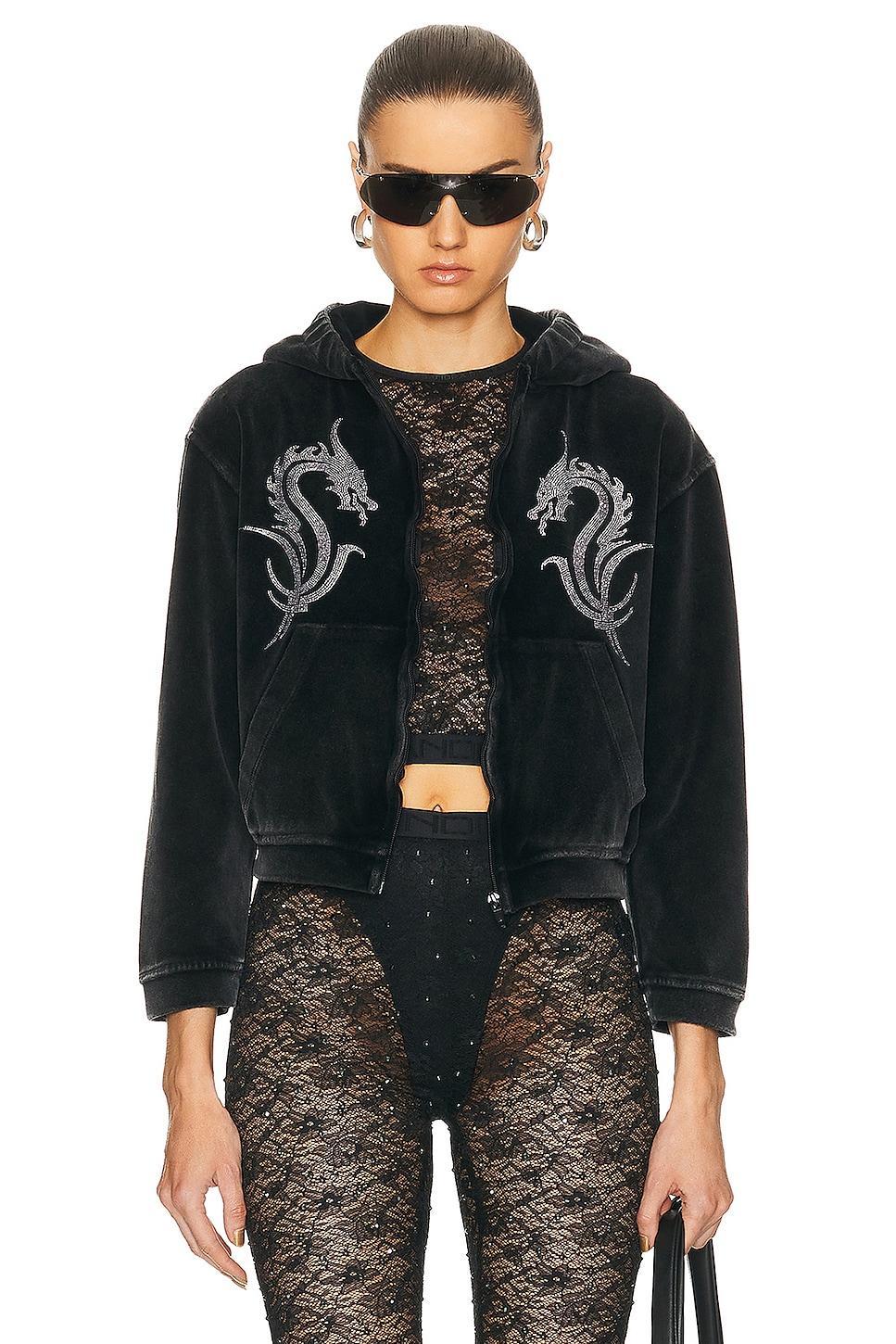 Alexander Wang Shrunken Zip Up Hoodie With Crystal Dragon Hotfix in Charcoal Product Image