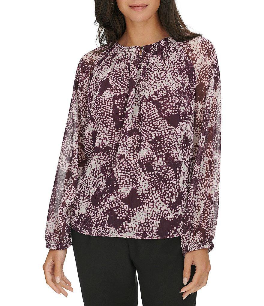 Calvin Klein Printed Chiffon Crew Neck Long Sleeve Top Product Image