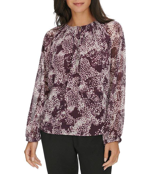 Calvin Klein Abstract Printed Chiffon Crew Neck Long Sleeve Top Product Image