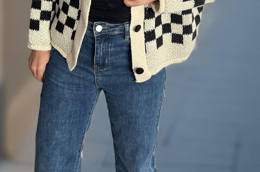 Crew Neck Checkerboard Button-Up Cardigan Product Image