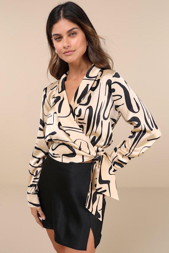 Artistic Inspiration Beige Abstract Print Satin Wrap Top Product Image