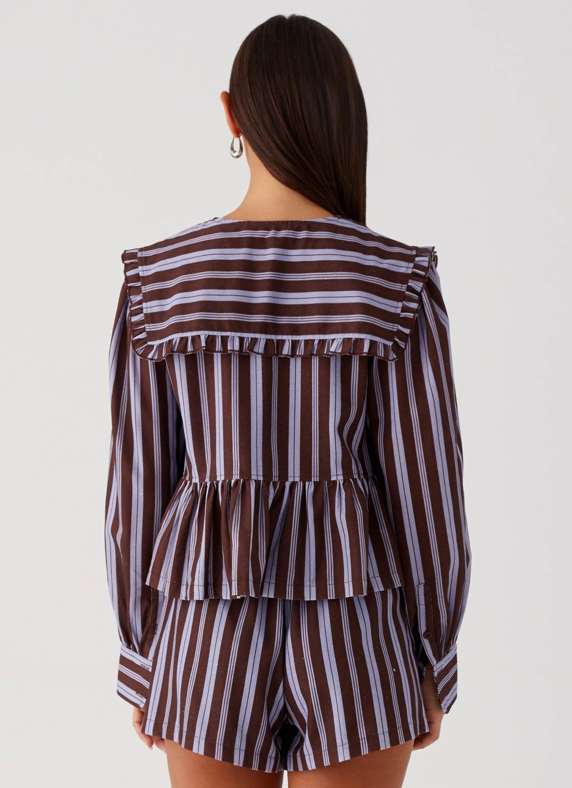 Emerson Tie Front Long Sleeve Top - Purple Brown Stripe Product Image