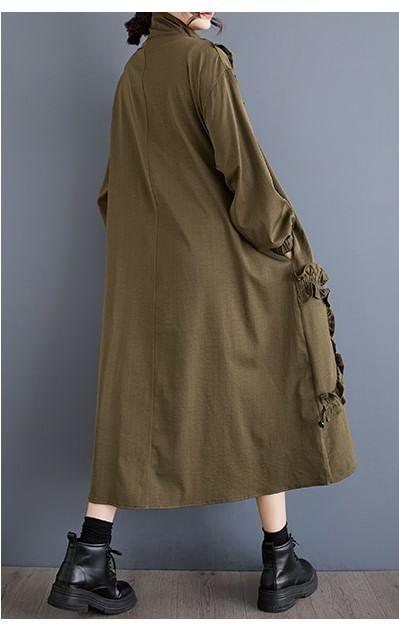 Mock Neck Frill Trim Plain Zip-Up Long Coat Product Image