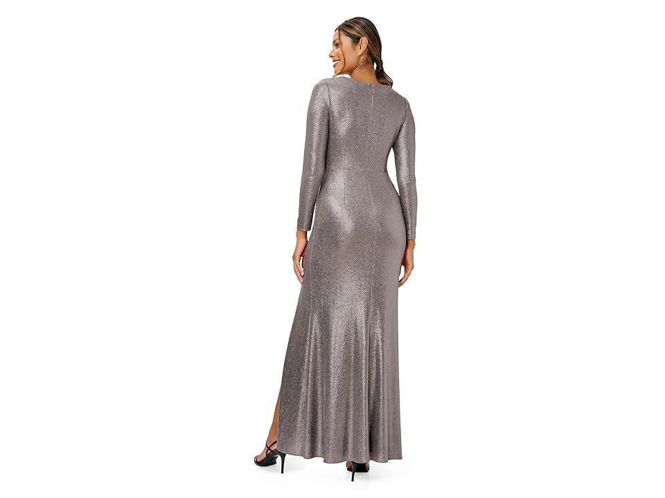 Adrianna Papell Long Sleeve Stretch Metallic Jersey Gown (Stone) Women's Dress Product Image