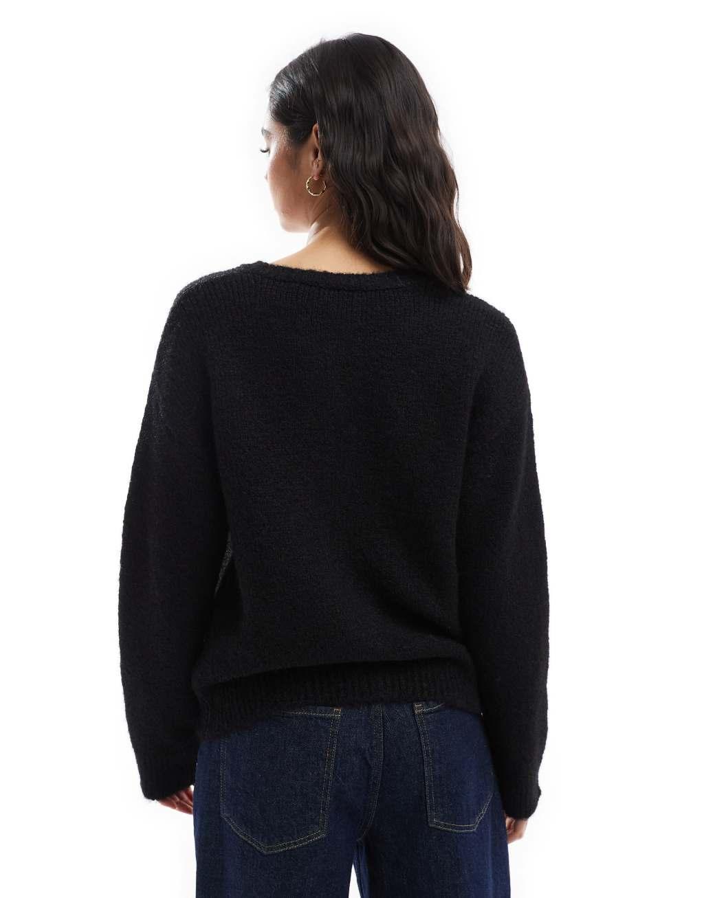 ASOS DESIGN wool blend fluffy knit crew neck cardigan in black  Product Image