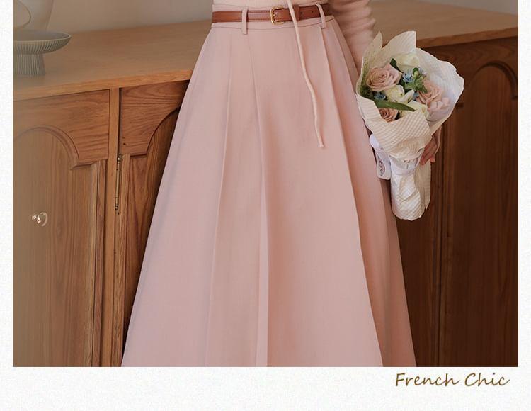 Set: Long-Sleeve Collared Plain Top + High Waist Midi A-Line Skirt Product Image