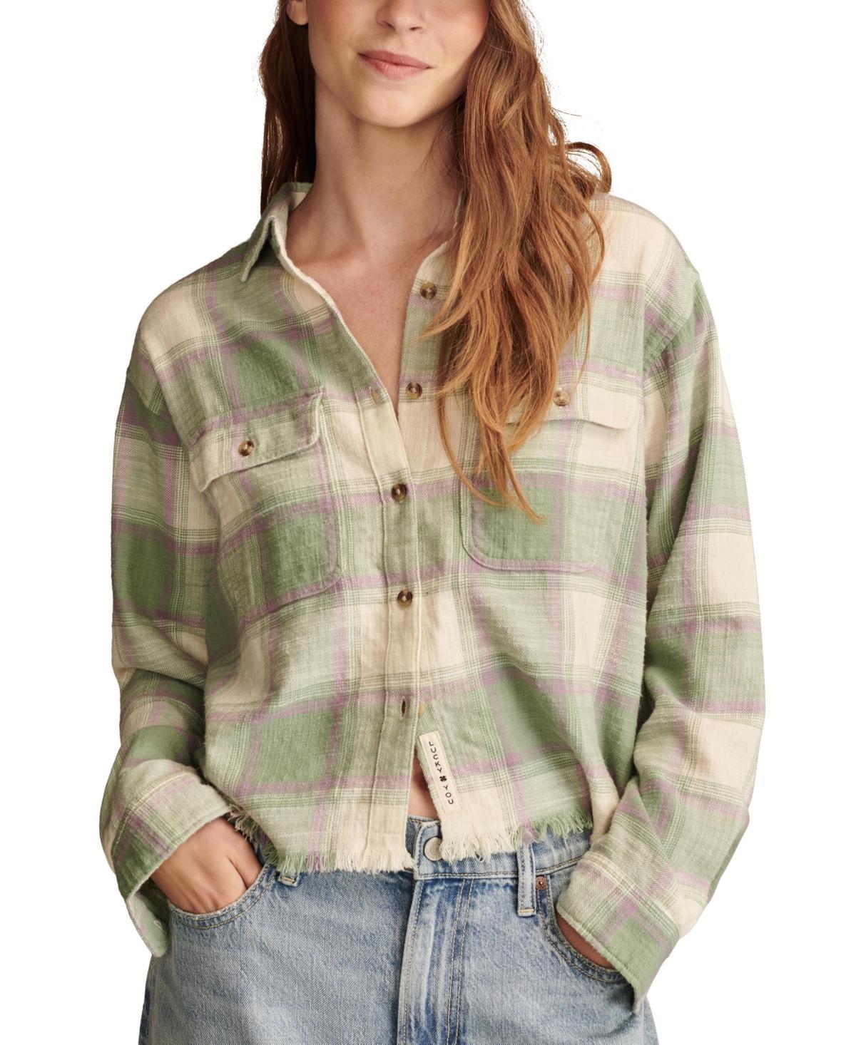 Lucky Brand Womens Cotton Raw Edge Plaid Cropped Button Down Top Product Image