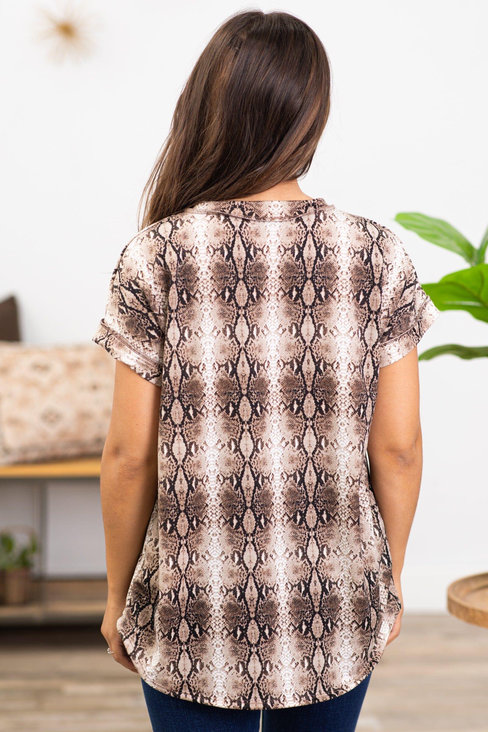 Taupe and Tan Snake Print V-Neck Top Product Image