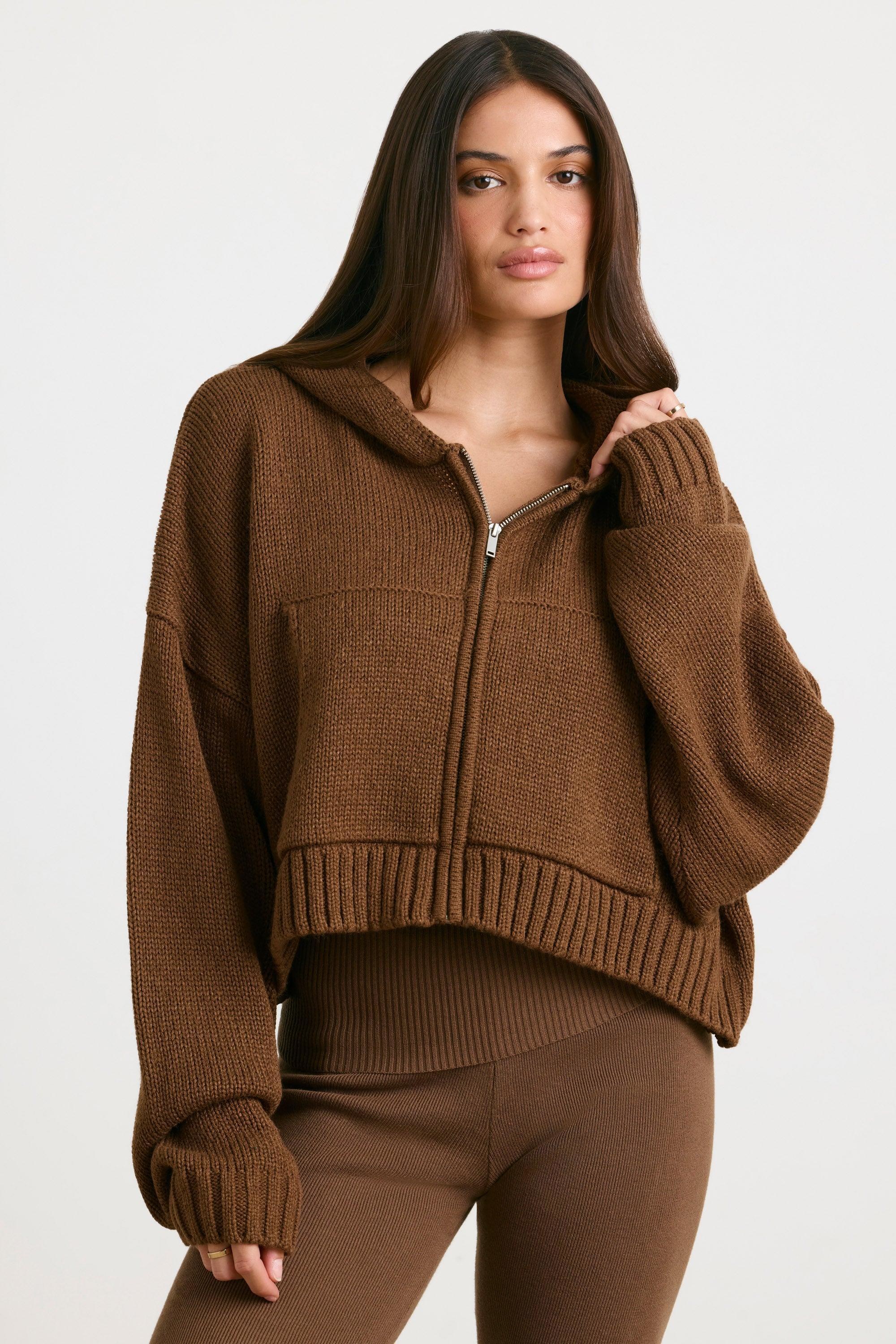 Cropped Zip Up Chunky Knit Hoodie in Espresso Product Image