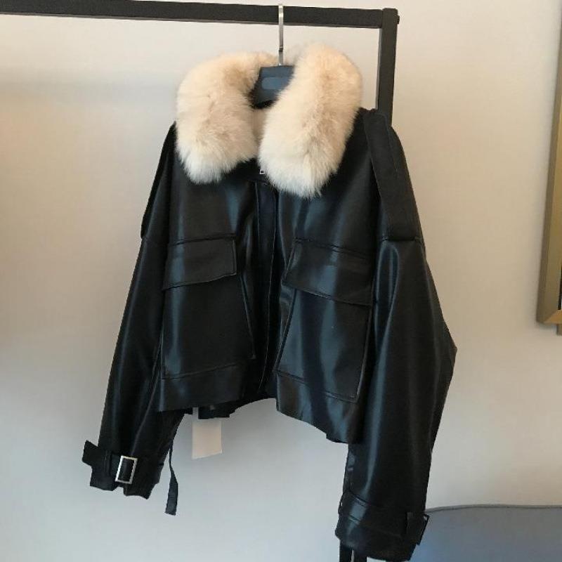 Plain Fluffy Trim Faux Leather Zip Jacket Product Image