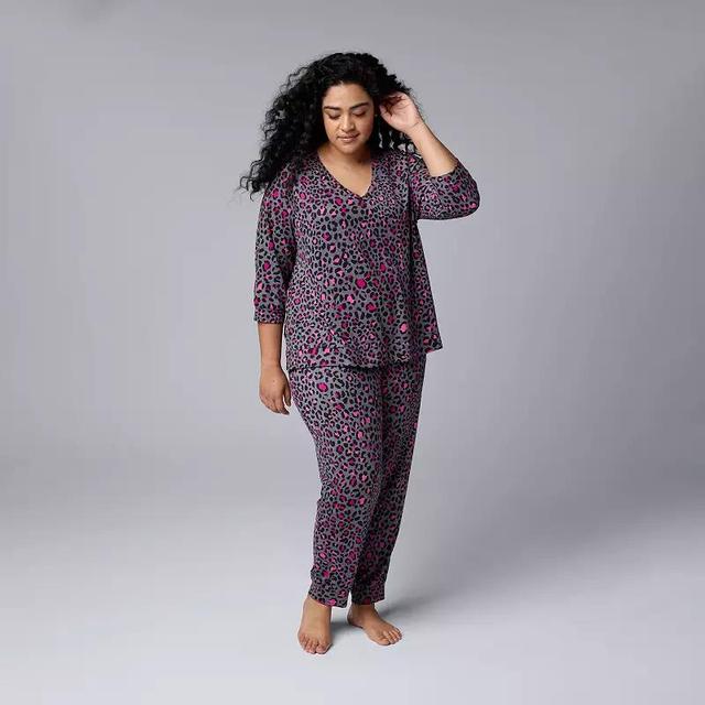 Plus Size Simply Vera Vera Wang 3/4 Sleeve Pajama Top & Pajama Bottoms Set, Womens Grey Animal Product Image