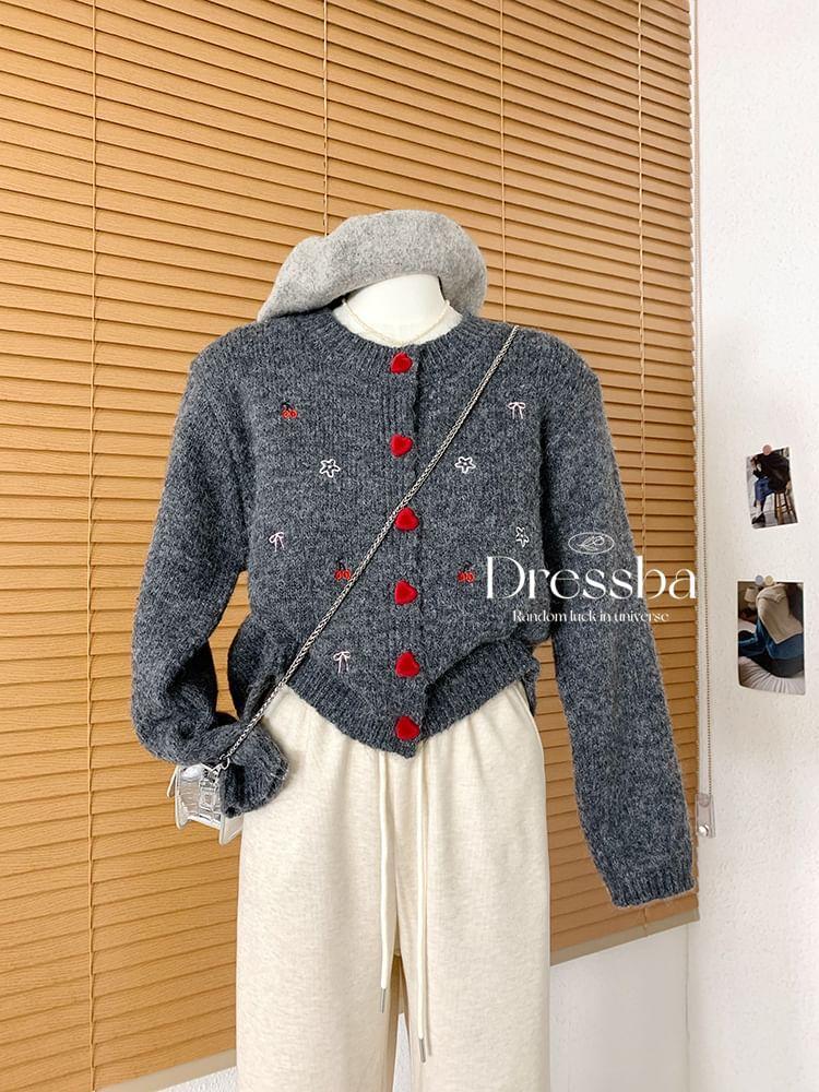 Round Neck Cherry Embroidered Heart Button Cardigan Product Image