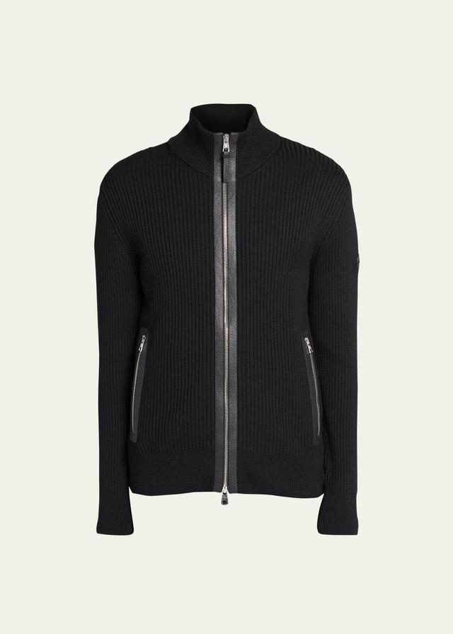 Mens Ribbed Cardigan with Leather Trim Product Image