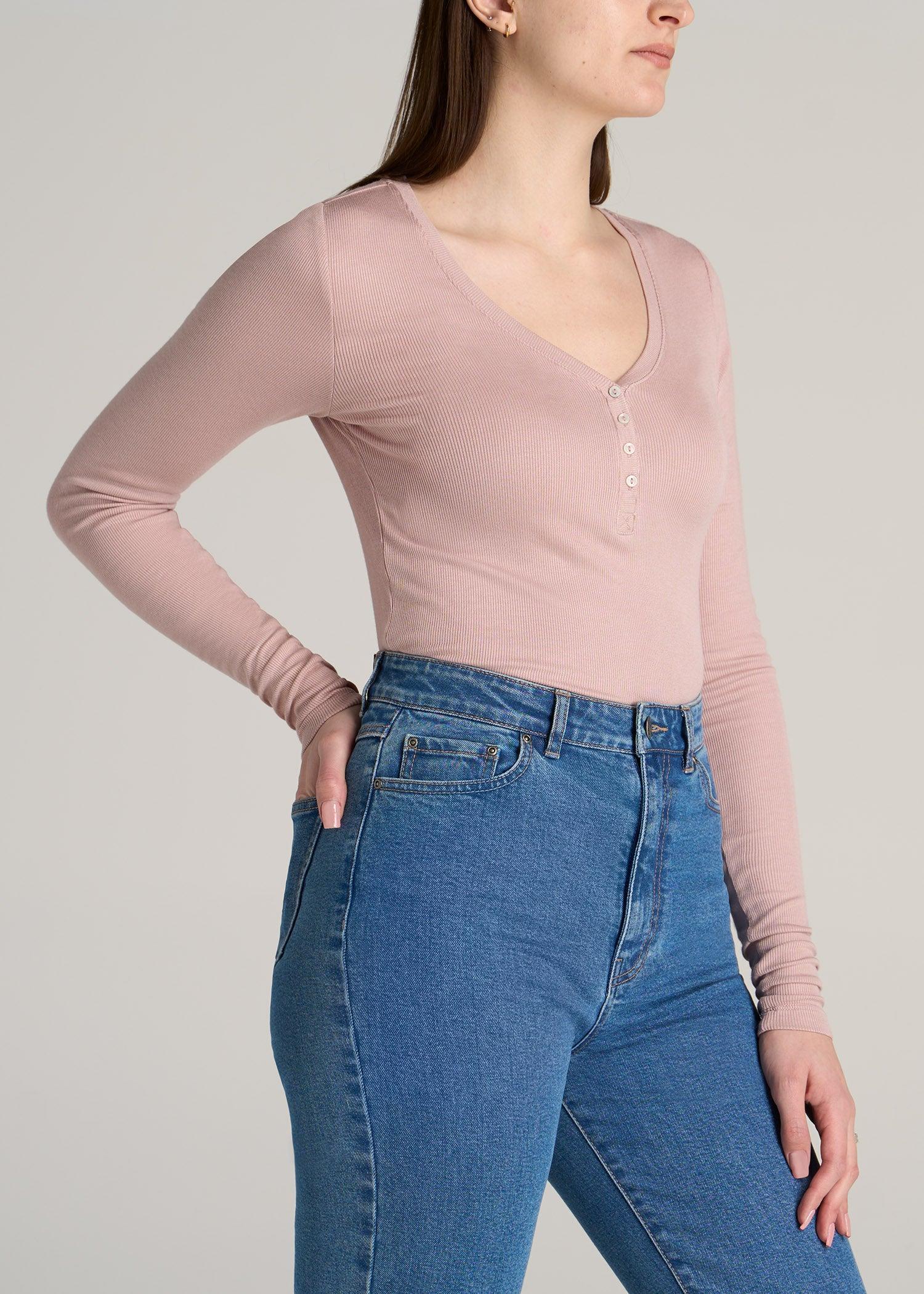 Tall Women's FITTED Ribbed Long Sleeve Henley in Ballerina Pink Female Product Image