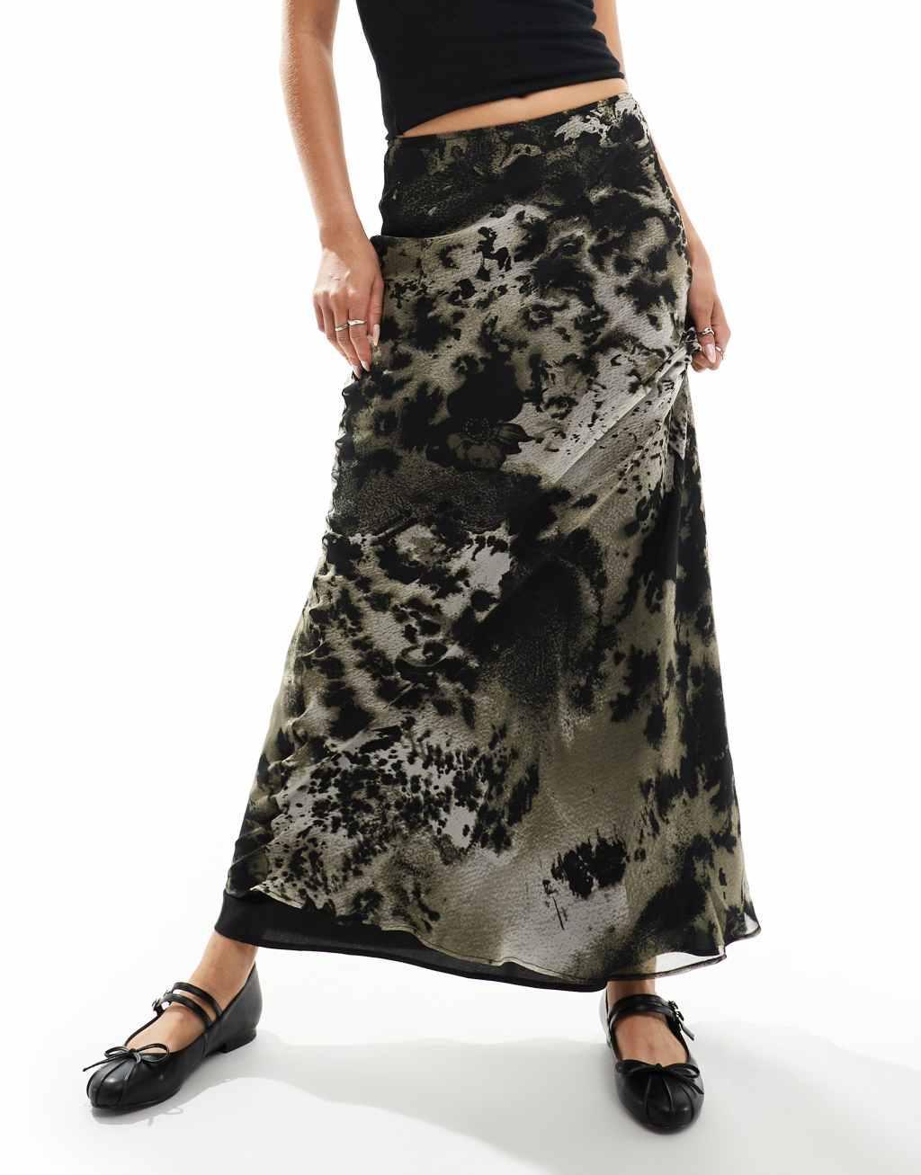 ASOS DESIGN chiffon bias maxi skirt in blurred abstract print   Product Image