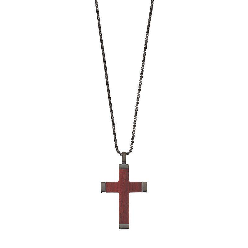 LYNX Mens Black Stainless Steel & Wood Cross Pendant Necklace Brown Product Image