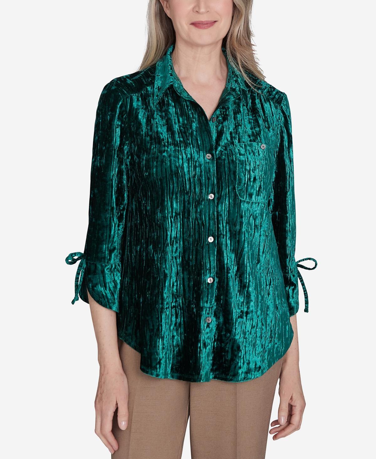 Womens Alfred Dunner Crushed Velvet Shirt Green Product Image