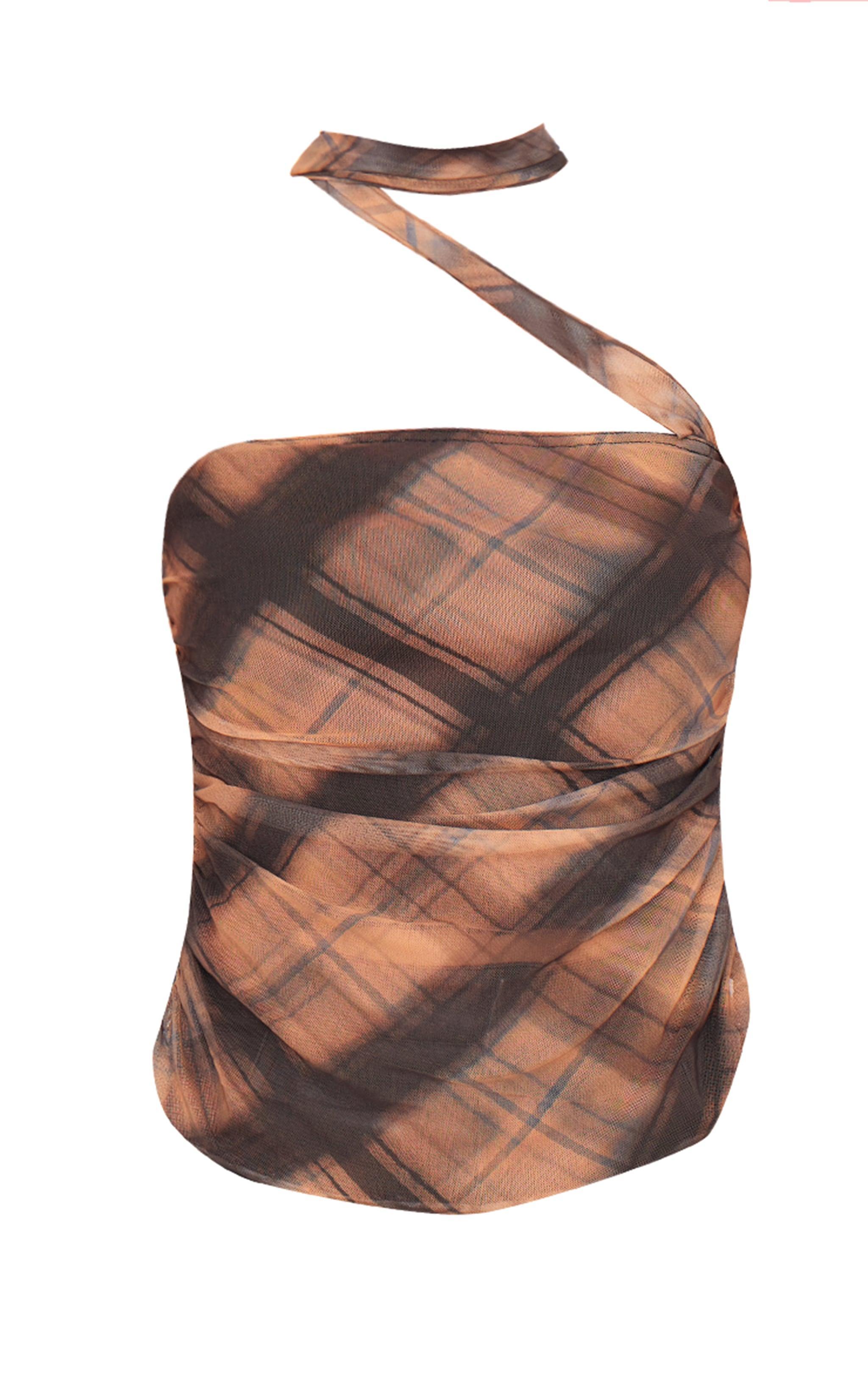 Multi Check Printed Mesh Scarf Detail Bandeau Top Product Image