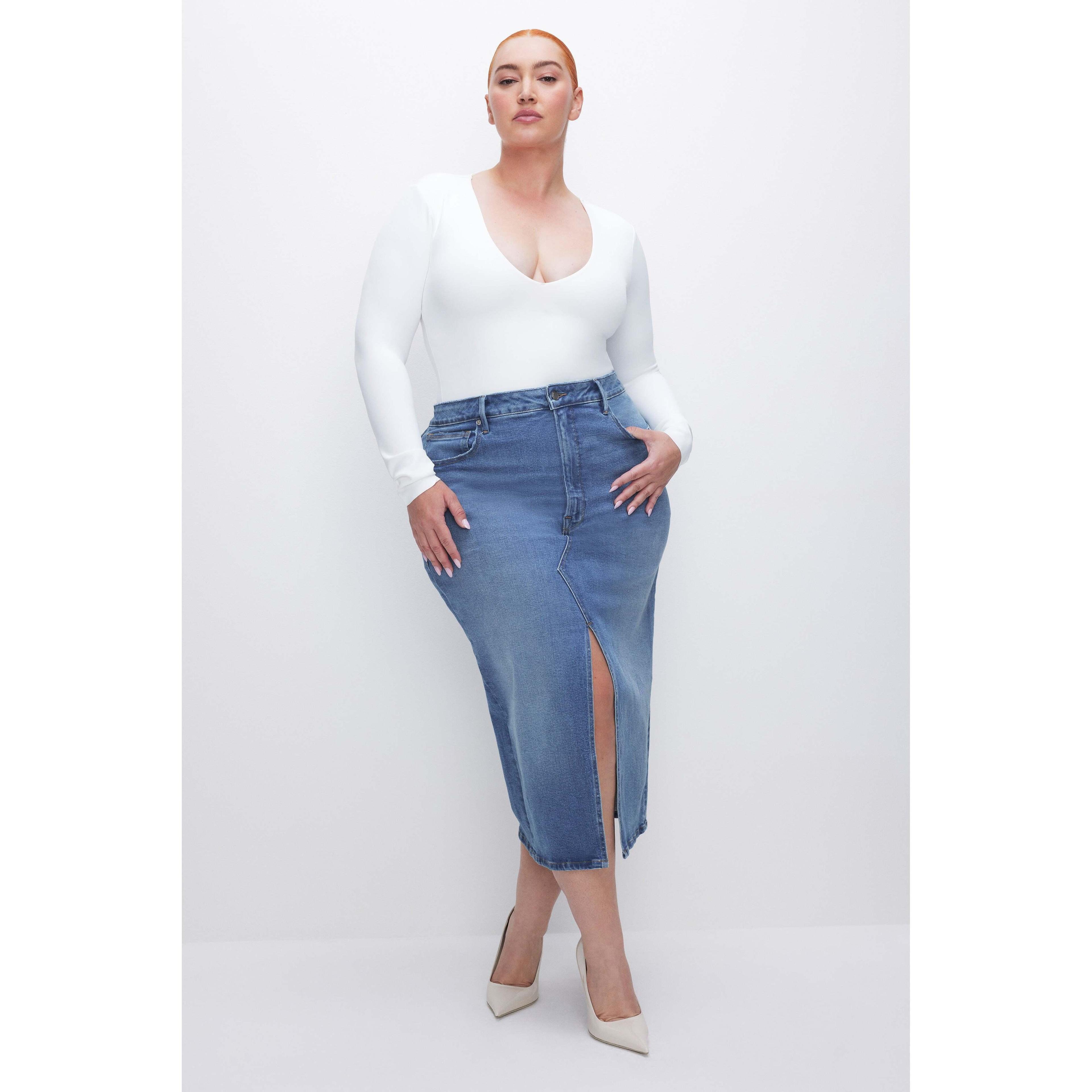 Womens Denim Light Compression Slit Midi Skirt | Blue, Size 24 Plus | Good American by Khlo Kardashian Product Image