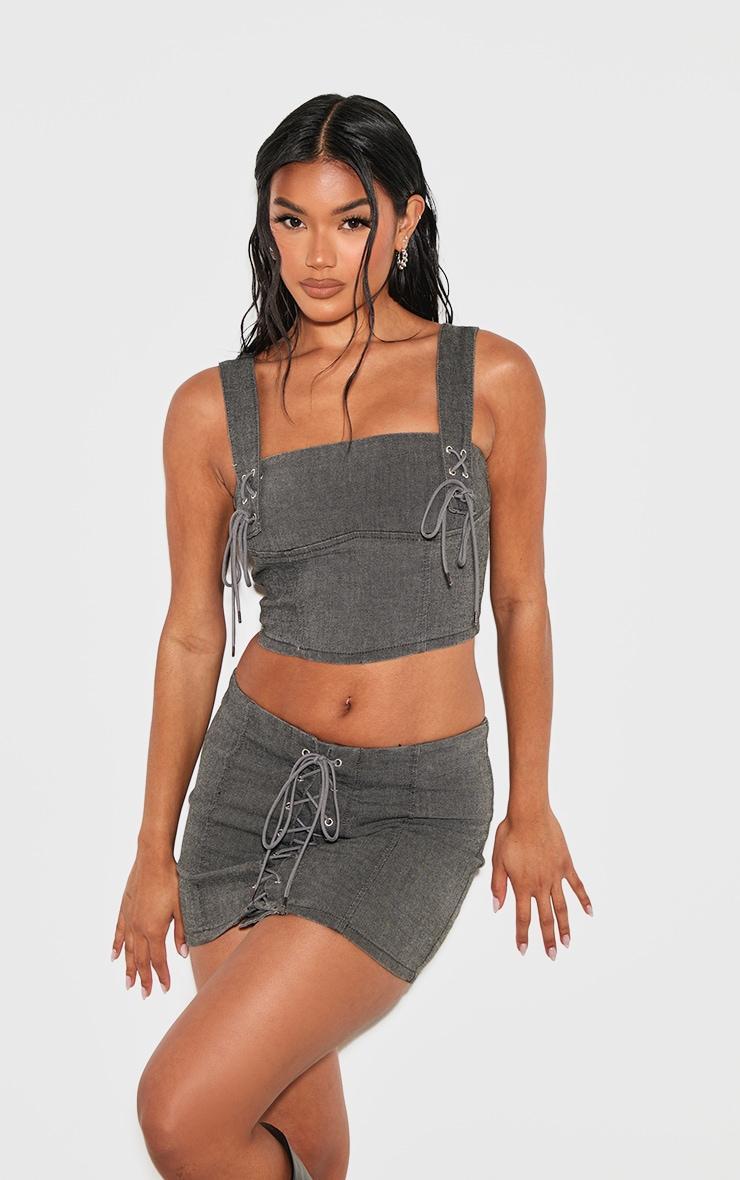 Washed Grey Lace Up Detail Denim Cropped Top product image