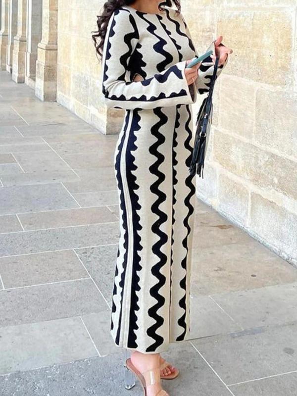 High Waisted Long Sleeves Hollow Printed Round-Neck Maxi Dresses Product Image