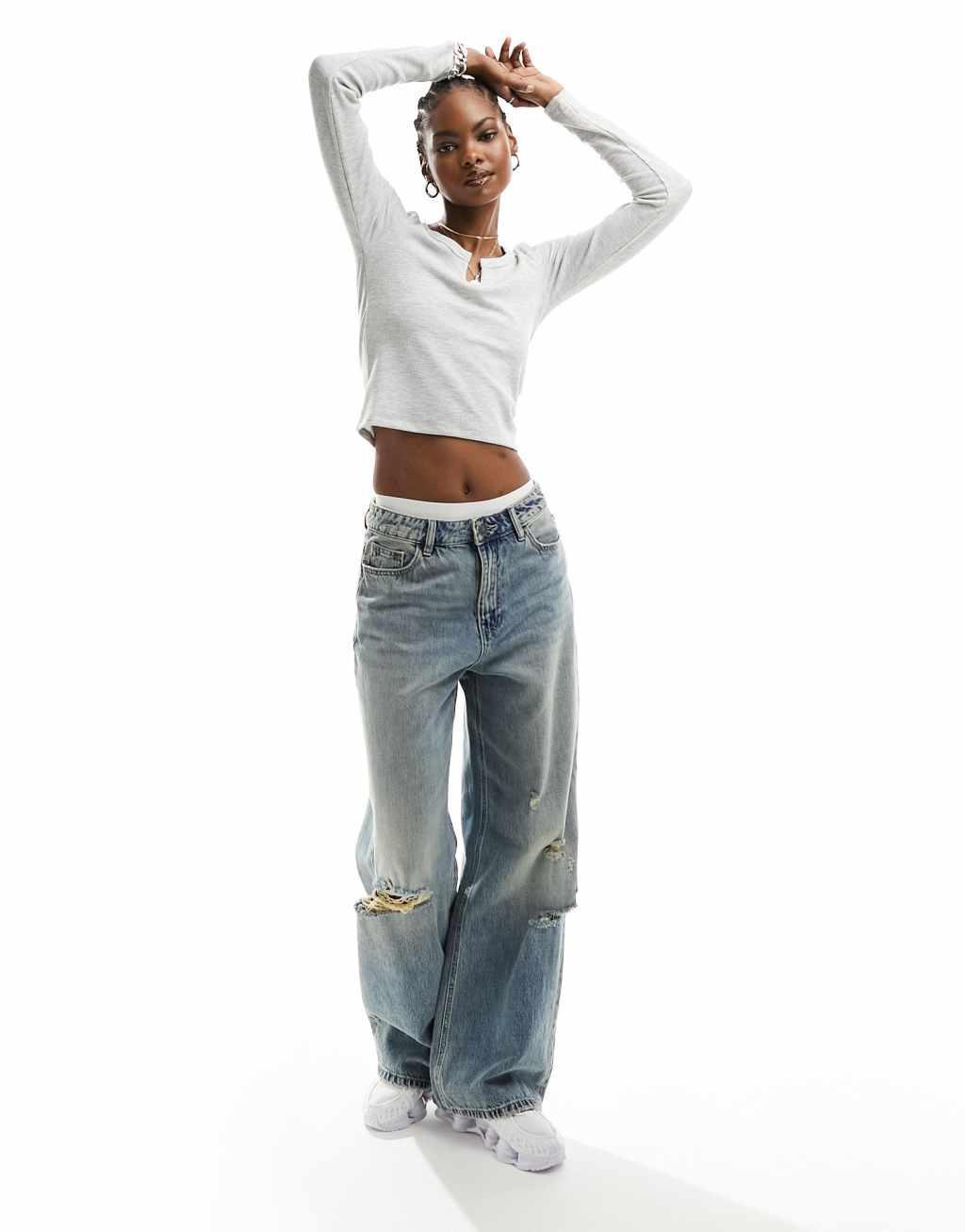 Cotton On notch front long sleeve waffle crop top Product Image