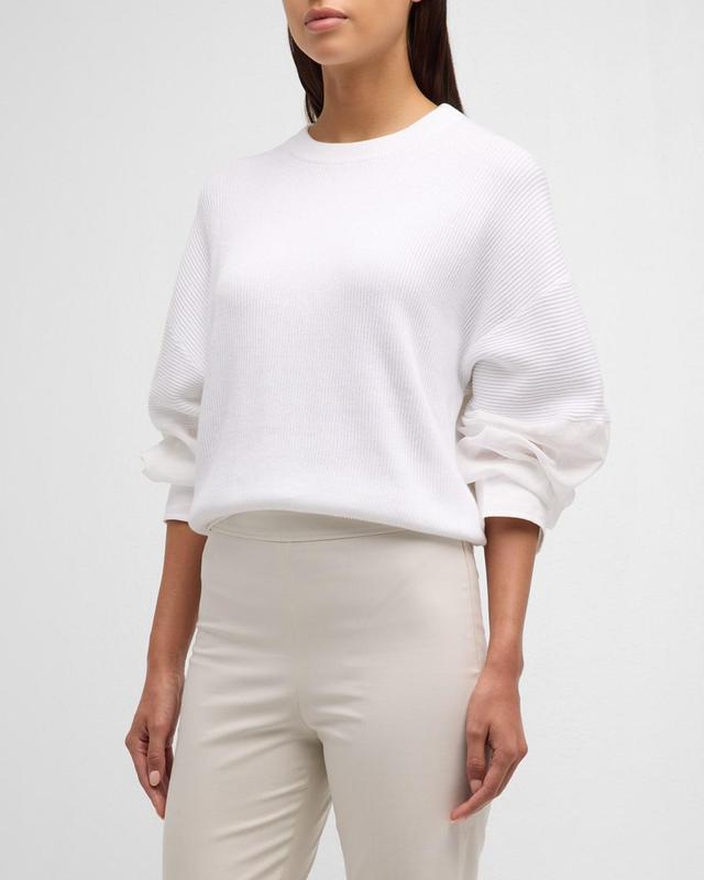 Cotton Ribbed Crewneck with Organza Sleeve Detail Product Image