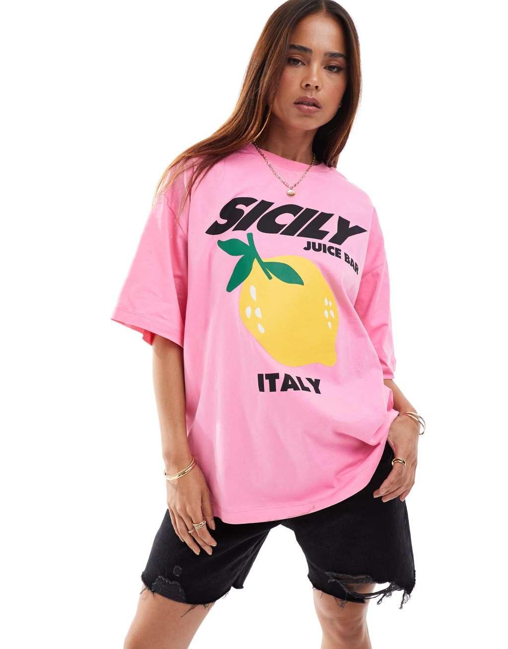 ASOS DESIGN oversized t-shirt with sicily lemon graphic in pink Product Image