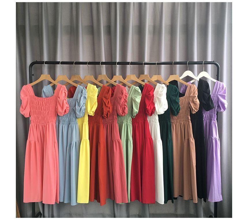 Puff-Sleeve Square-Neck Plain Smocked Midi A-Line Dress Product Image