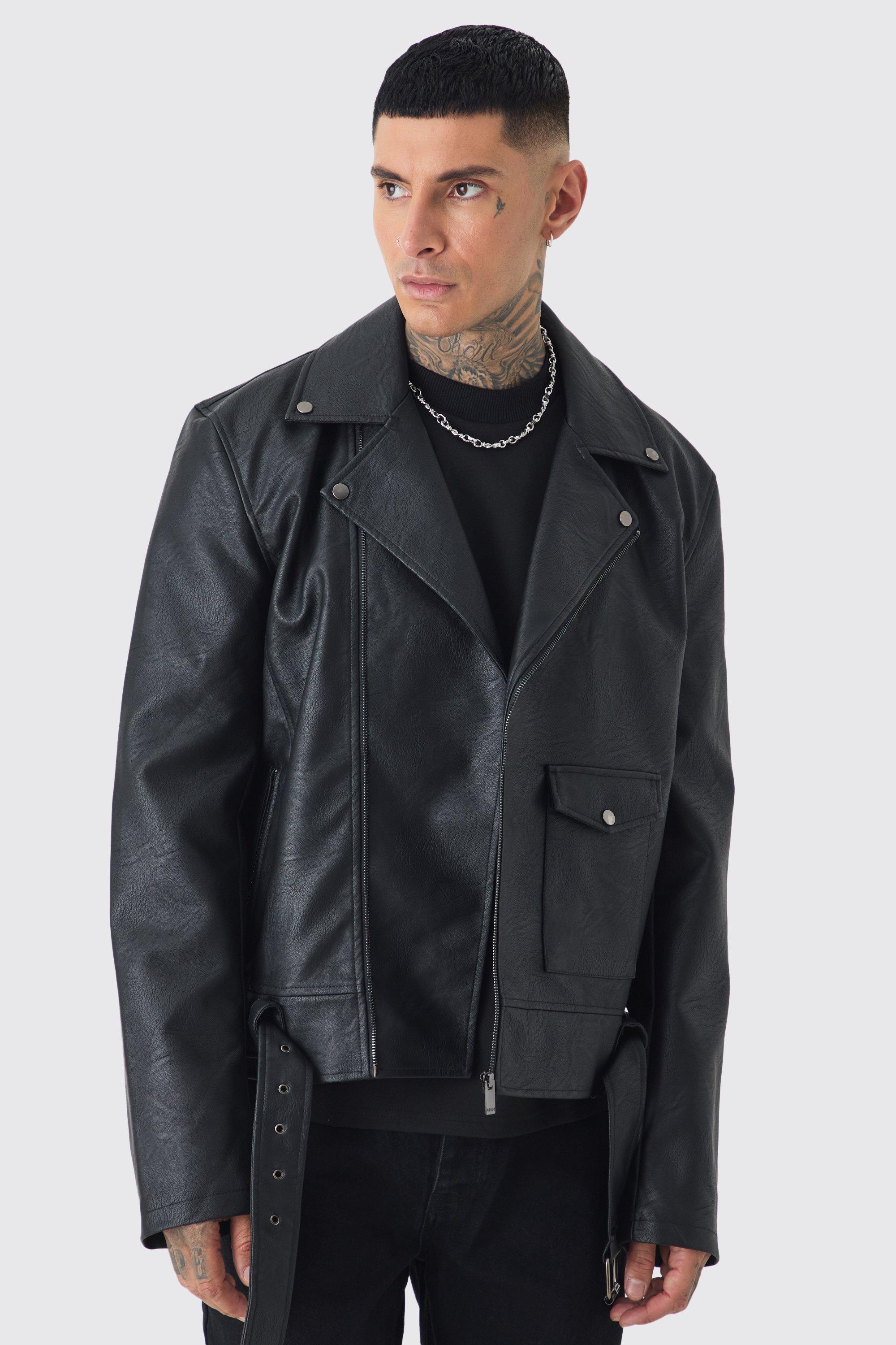 Tall PU Biker Jacket In Black | boohooMAN USA Product Image