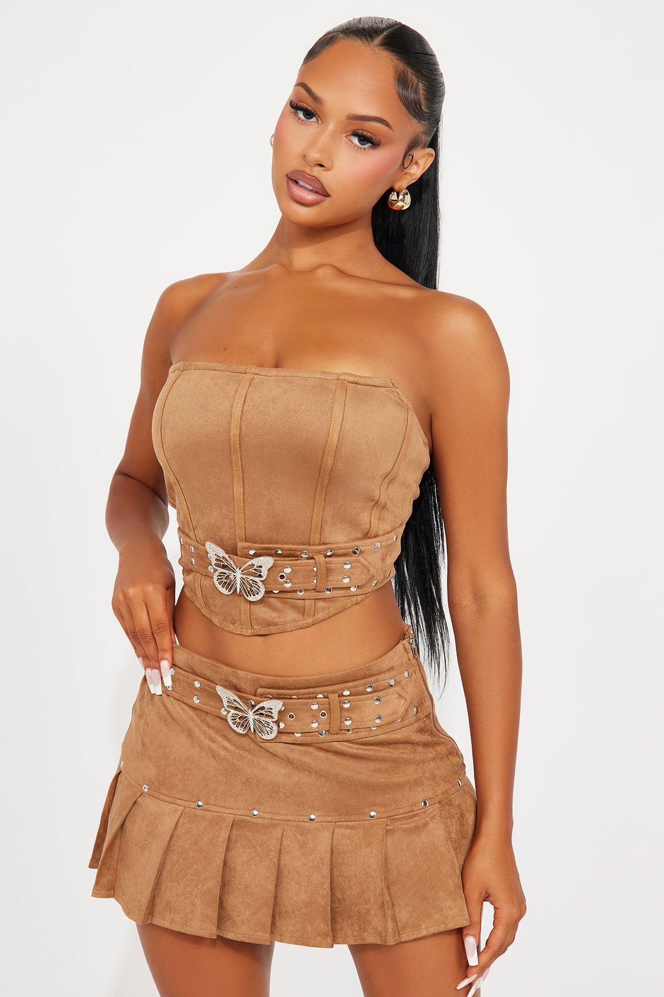 Butterfly Fantasy Faux Suede Skirt Set - Camel Product Image