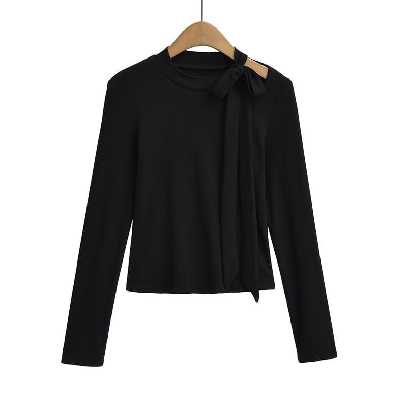 Long Sleeve High Neck Plain Bowknot Detail Crop T-Shirt Product Image