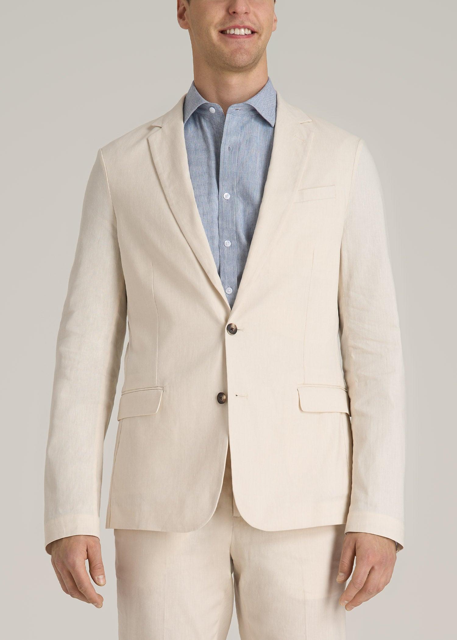 Stretch Linen Blazer for Tall Men in Light Beige Linen Product Image