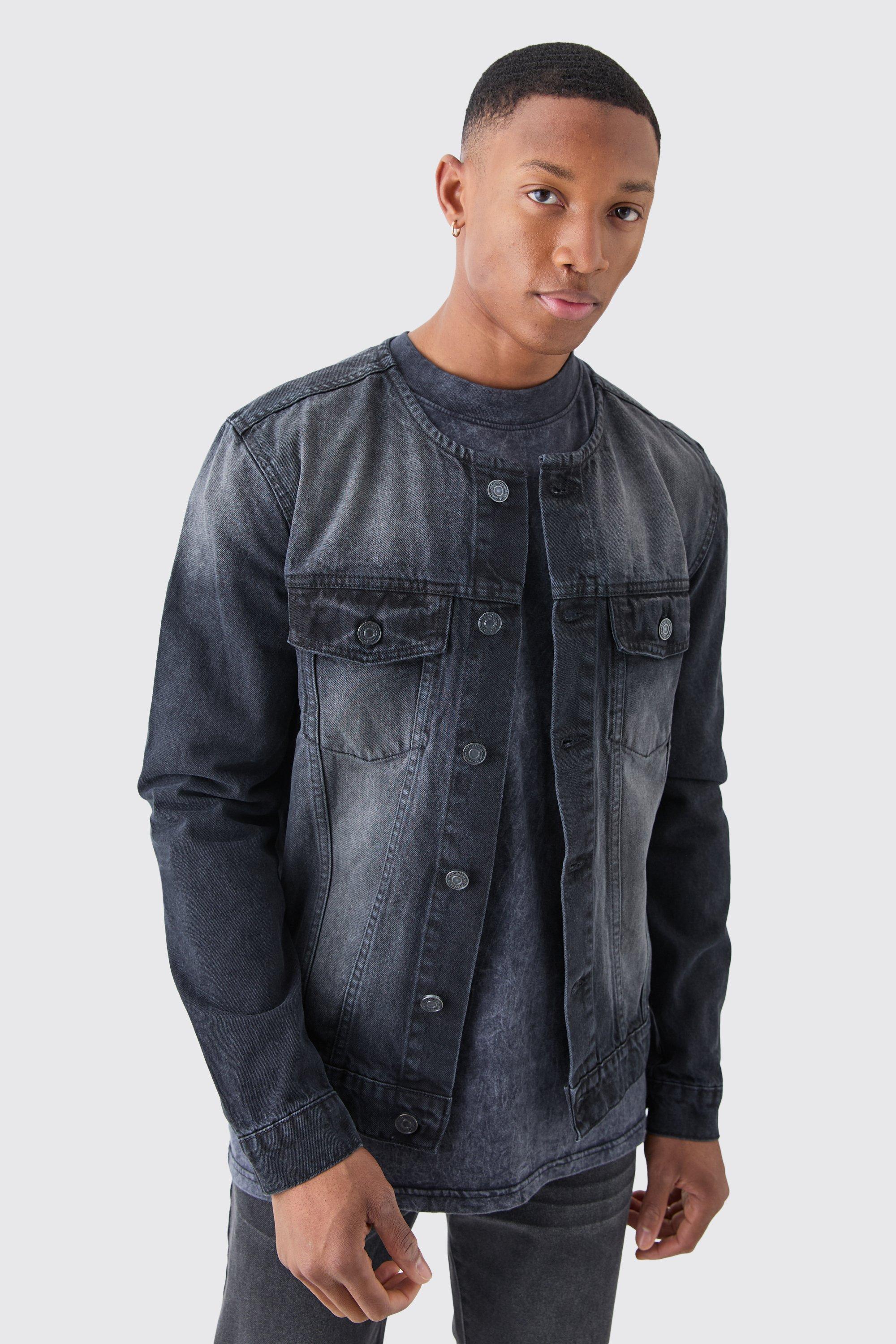 Collarless Denim Jacket In Washed Black | boohooMAN USA Product Image