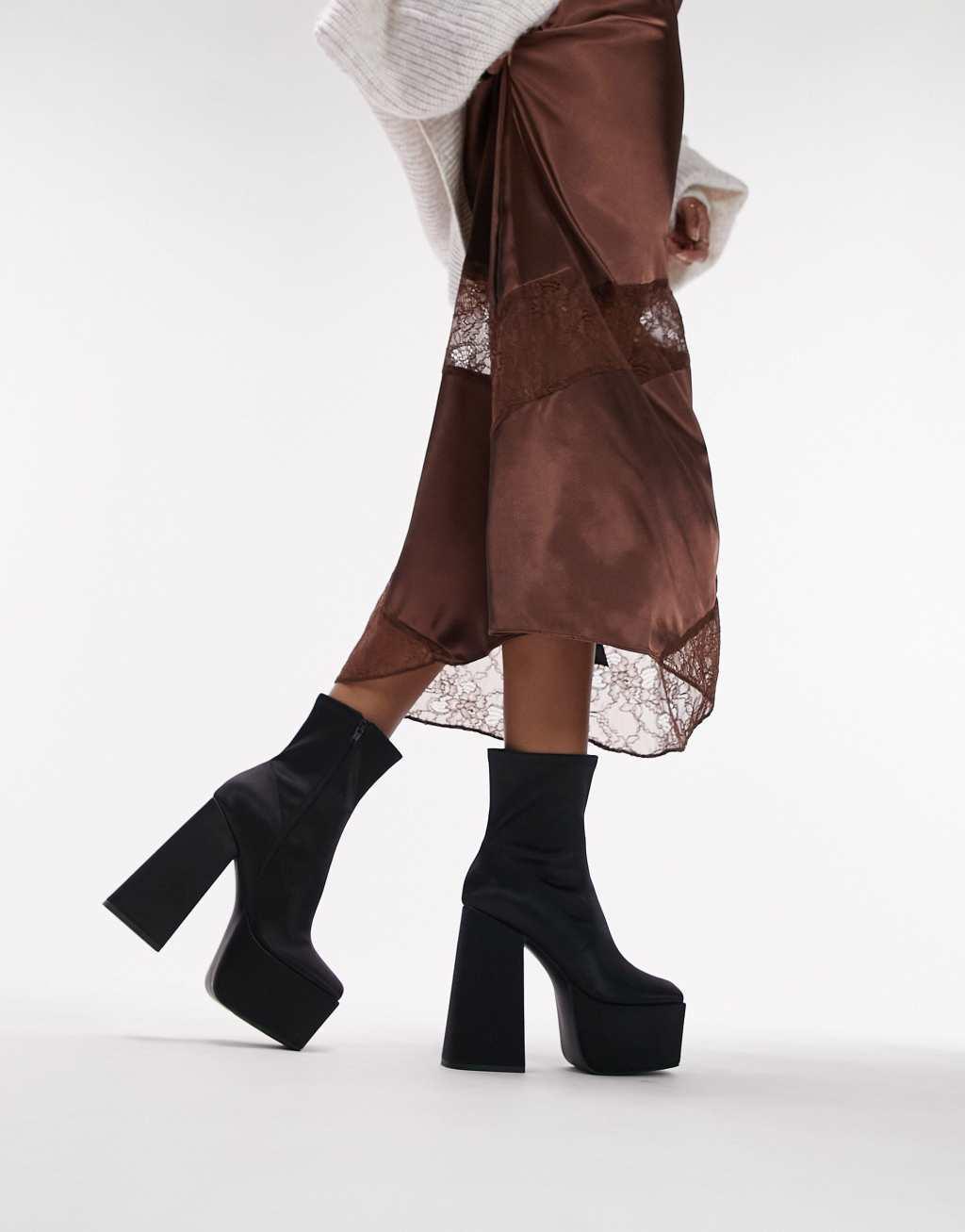 Topshop Wide Fit Tiff satin block heeled ankle boot Product Image