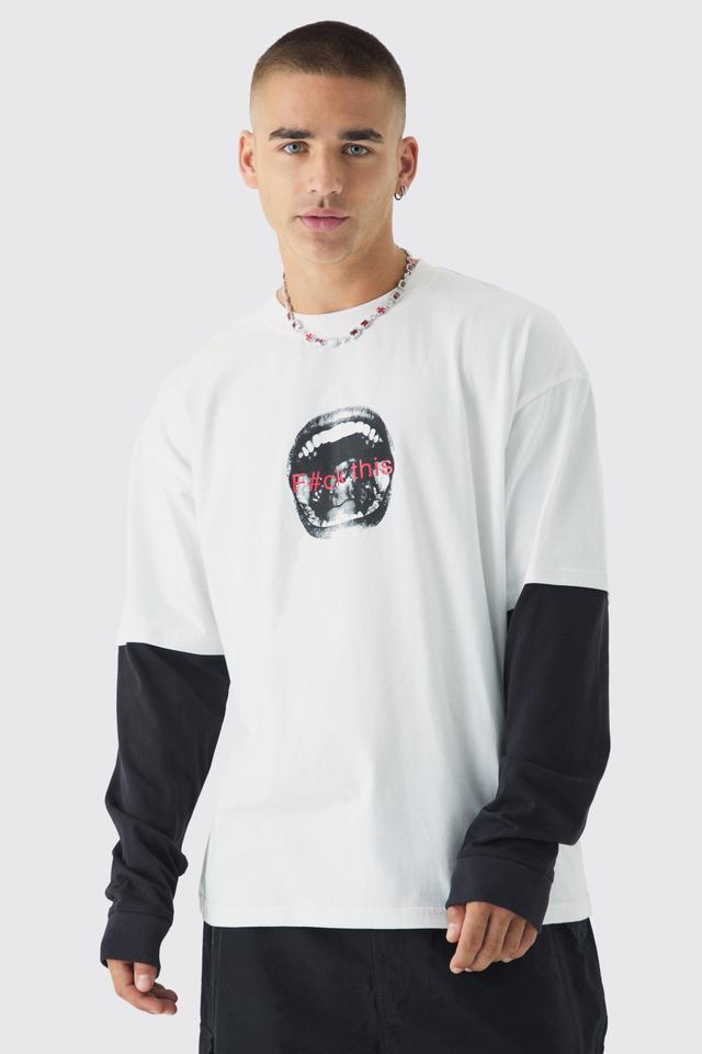 Mens White Oversized Heavyweight Faux Layer Graphic T-Shirt, White Product Image